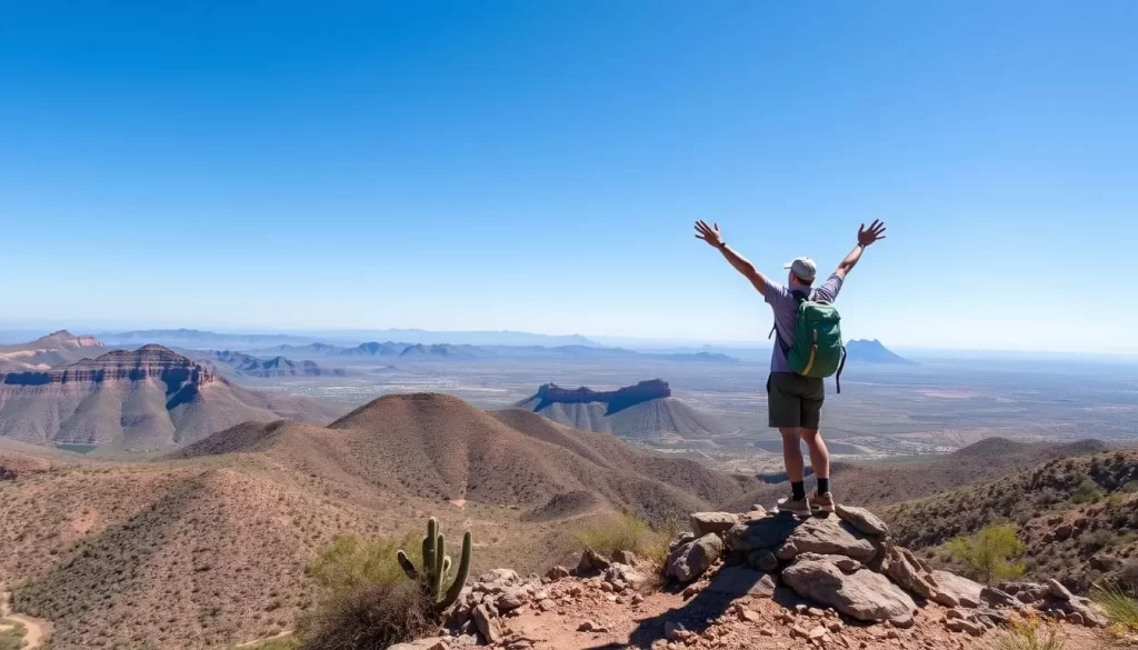 Create an image of a hiker standing at the summit of the Mica View Trail, overlooking the vast Sonoran Desert landscape.