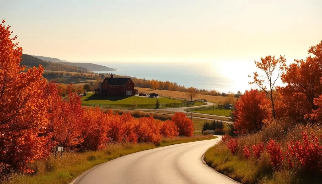 Crisp autumn day in Door County, Wisconsin. In the foreground, a scenic country road winds through vibrant orange and red foliage. In the middle ground, a cozy farmhouse with a red barn and silos stands amid rolling hills. In the background, the shimmering waters of Lake Michigan meet the horizon under a bright, cloudless sky. The warm, golden sunlight casts a soft glow over the serene pastoral scene. Capture the enchanting essence of seasonal activities in this picturesque Midwestern landscape.