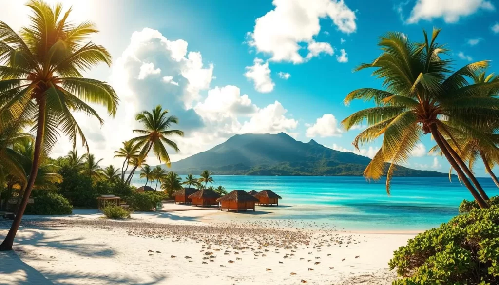 Daylight hours in the Marshall Islands: a tropical paradise bathed in golden sunlight. Capture the vibrant blue skies, fluffy white clouds, and lush palm trees swaying gently in the warm ocean breeze. In the foreground, a pristine white-sand beach leads to tranquil turquoise waters, where schools of tropical fish dart beneath the surface. Across the middle ground, traditional thatched-roof huts dot the coastline, their vibrant colors complementing the natural landscape. The background features towering volcanic peaks rising majestically from the horizon, their slopes shrouded in verdant foliage. Employ a wide-angle lens to convey the expansive, picturesque scene, with natural lighting illuminating the tropical paradise in all its glory.