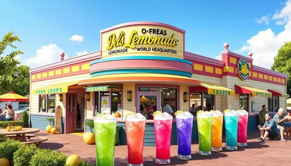 Del's Lemonade World Headquarters in Cranston offering various flavors of frozen lemonade