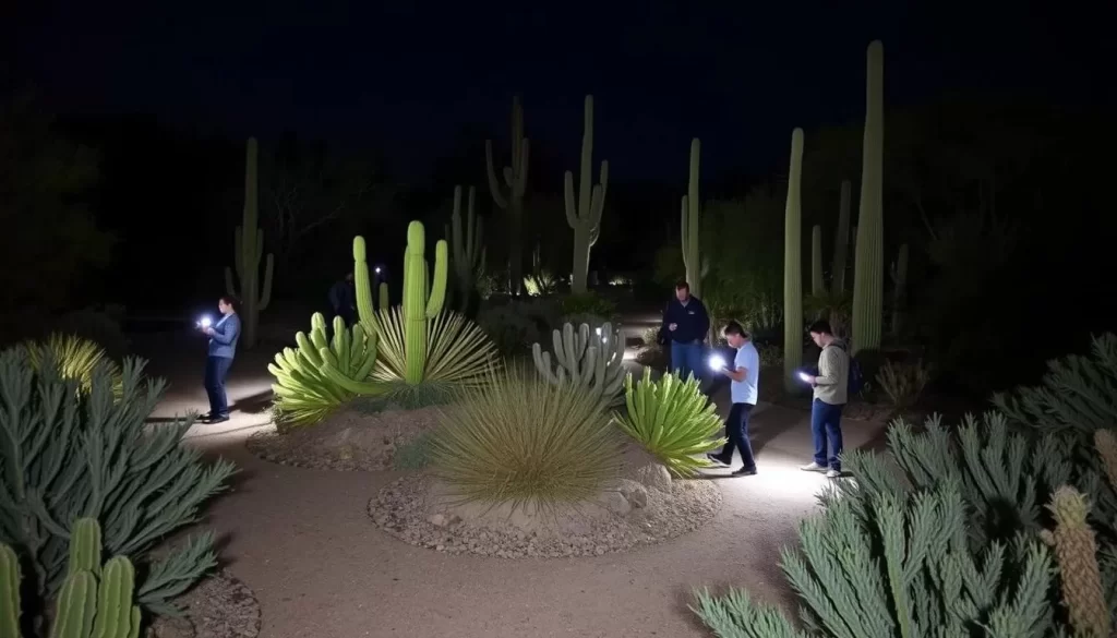 Desert Botanical Garden at night with visitors using flashlights on the trails