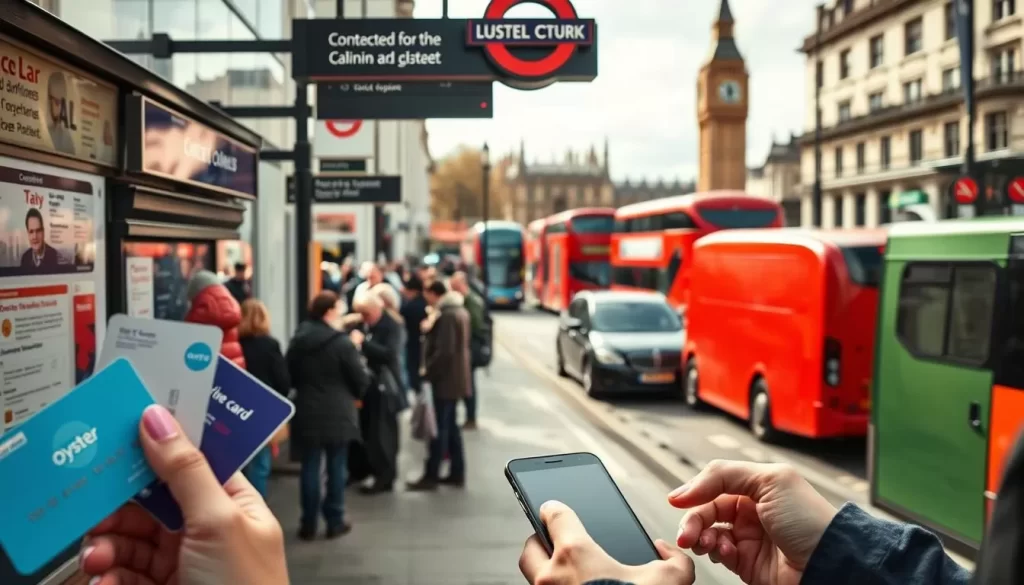 Detailed city street scene of London's public transport payment options. In the foreground, a variety of modern payment methods are displayed, including Oyster cards, contactless bank cards, and mobile phone tap-to-pay. The middle ground shows commuters queuing at a Tube station entrance, with informative signage overhead. In the background, iconic red double-decker buses and black cabs travel along a bustling city street, with Big Ben and other landmarks visible in the distance. The scene is bathed in warm, natural sunlight, creating a vibrant, welcoming atmosphere for navigating London's extensive public transportation network.