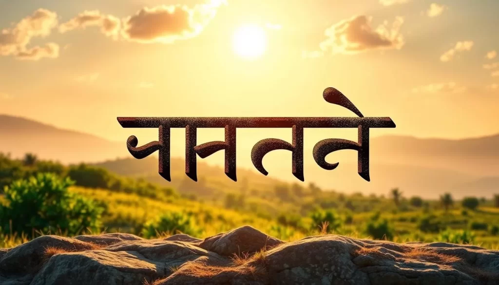 Detailed illustration of the Sanskrit script, with its unique characters and intricate patterns displayed prominently in the foreground. The script is rendered with a sense of timelessness and elegance, against a backdrop of a serene, sun-dappled landscape featuring lush greenery and a cloudless sky. The lighting is soft and warm, creating a sense of harmony and tranquility. The composition is balanced, with the script taking up a significant portion of the frame, while the surrounding environment provides a visually pleasing context. The overall mood is one of reverence and appreciation for the cultural heritage embodied by the ancient Sanskrit language.