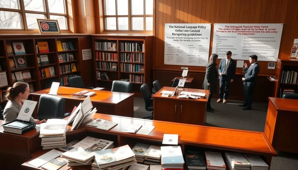 Detailed scene of a government office interior, with various language-focused displays and signage on the walls. Warm natural lighting filters through large windows, casting a soft glow across the polished wooden desks and bookshelves. In the foreground, a receptionist greets visitors at the front desk, surrounded by brochures and pamphlets in multiple languages. Beyond, officials can be seen in discussion, while a wall-mounted display showcases the national language policy and recognition guidelines. The overall atmosphere conveys a sense of professionalism and inclusive language representation.