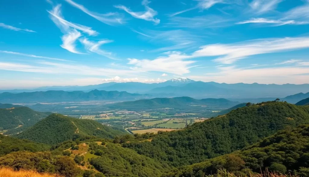 Detailed topographical map of Laos, showcasing its diverse climate regions. In the foreground, rolling hills and lush, verdant forests, with sunlight filtering through the canopy. The middle ground reveals the country's central plains, dotted with agricultural fields and winding rivers. In the distance, majestic mountain ranges rise, their peaks capped with snow. The sky is clear and azure, with wispy clouds drifting lazily overhead, creating a sense of tranquility and serenity. The image is captured through a wide-angle lens, providing a comprehensive view of Laos's intricate climatic tapestry. Subtle, warm lighting enhances the natural beauty of the landscape, inviting the viewer to explore and discover the wonders of this captivating Southeast Asian nation.