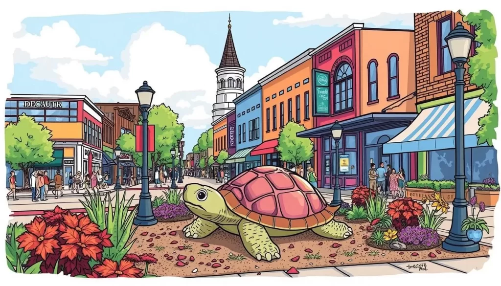 Downtown Decatur Turtle Trail Scavenger Hunt image with a hidden turtle statue