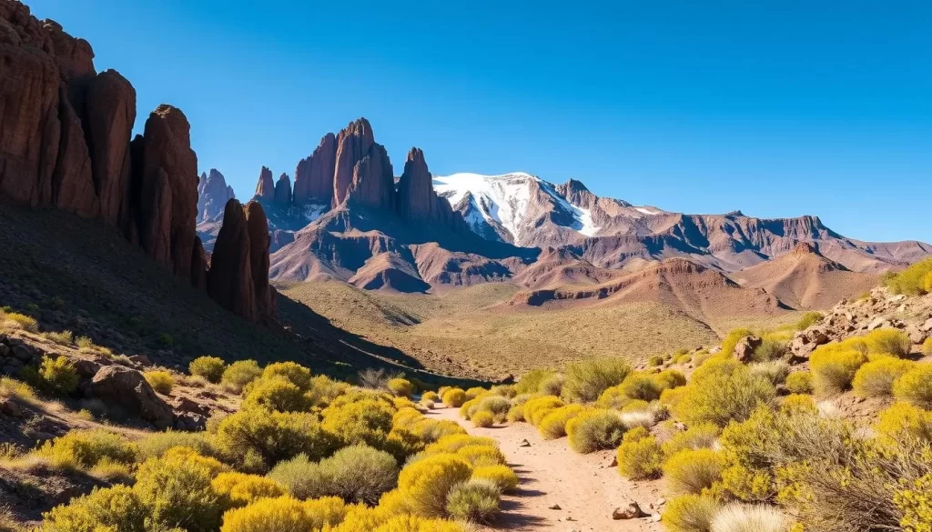 Dramatic volcanic landscape in Petroglyph National Monument, New Mexico. A picturesque scene of craggy, snow-capped peaks jutting against a brilliant azure sky. In the foreground, a rugged path winds through a lush, verdant landscape, inviting exploration. Towering basalt columns and ancient lava flows frame the scene, casting dramatic shadows across the terrain. The warm, golden light of a clear day illuminates the vibrant colors of the desert flora, creating an atmosphere of tranquility and wonder. Capture the essence of this geological marvel, ripe for discovery.