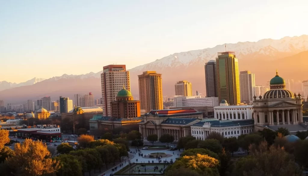 Dushanbe cityscape at golden hour, with the snow-capped Fann Mountains as a dramatic backdrop. The bustling city center is filled with tall, modern skyscrapers and ornate, traditional architecture. In the foreground, a tree-lined boulevard leads to a central square, where people stroll and gather. Warm, directional lighting casts long shadows, creating a sense of depth and atmosphere. The sky is clear, with a soft, warm glow on the horizon. Capture the vibrant, cosmopolitan energy of this Central Asian capital on a picturesque, weather-friendly day.