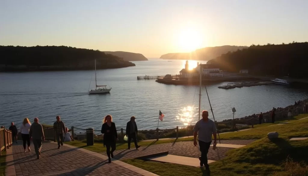 Early morning on Goat Island, Rhode Island. The rising sun casts a warm glow over the picturesque harbor, illuminating the historic lighthouse and the tranquil waters. In the foreground, people leisurely stroll along the cobblestone paths, taking in the sights and sounds of the idyllic island. The middle ground features a small boat gently bobbing in the calm sea, while in the background, the distant cliffs and lush greenery create a serene, pastoral landscape. The atmosphere is one of peaceful solitude, inviting visitors to immerse themselves in the island's natural beauty and maritime history.