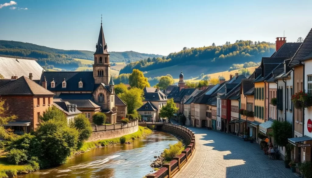 Echternach, a picturesque town in Luxembourg, features a stunning historical landscape. Capture the ancient abbey, its magnificent Baroque architecture, and the serene Sauer River in the foreground. Showcase the charming cobblestone streets, lined with quaint cafes and shops, in the middle ground. In the background, depict the rolling hills and lush greenery that surround the town, bathed in warm, golden sunlight. Convey a sense of timeless beauty and tranquility, inviting the viewer to explore this enchanting historic destination.