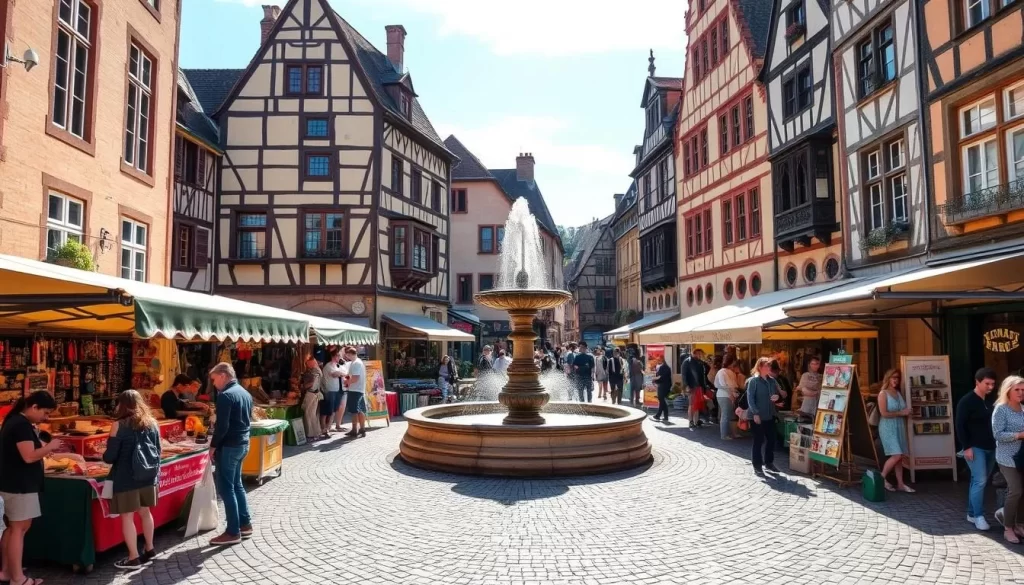 Echternach historic Market Square, a charming and picturesque scene set against the backdrop of quaint medieval architecture. The cobblestone square is bustling with activity, colorful market stalls offering an array of local delicacies and handcrafted wares. Sunlight filters through the canopies, casting a warm glow on the crowd of shoppers and passersby. In the center, a classic fountain stands tall, its gentle splashing providing a soothing ambiance. Surrounding the square, ornate facades of historical buildings, their intricate details and timeless elegance inviting exploration. The atmosphere is one of vibrant community, a perfect blend of history and contemporary life in this charming corner of Luxembourg.