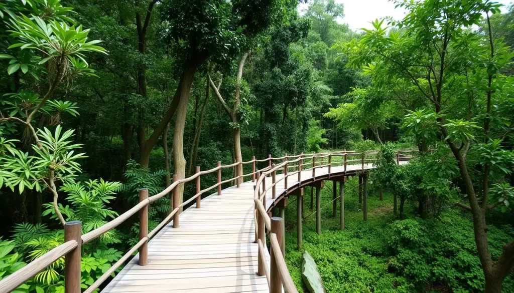 Elevated wooden walkways through mangrove forests in Pran Buri Forest Park
