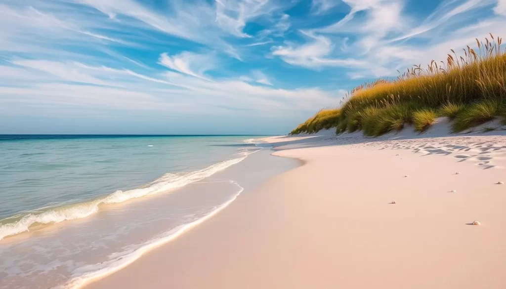 Emerald Isle Beach, a serene stretch of crystal-clear waters and pristine white sands, bathed in warm afternoon sunlight. In the foreground, gentle waves caress the shoreline, while clusters of seashells dot the sand. Lush, verdant dunes adorned with swaying sea oats frame the tranquil scene, leading the eye towards a distant horizon where the sky and ocean seamlessly blend. Overhead, wispy clouds drift lazily across a vibrant azure canvas, casting soft shadows that dance across the beach. The overall atmosphere evokes a sense of peaceful tranquility, inviting the viewer to bask in the natural splendor of this coastal gem.