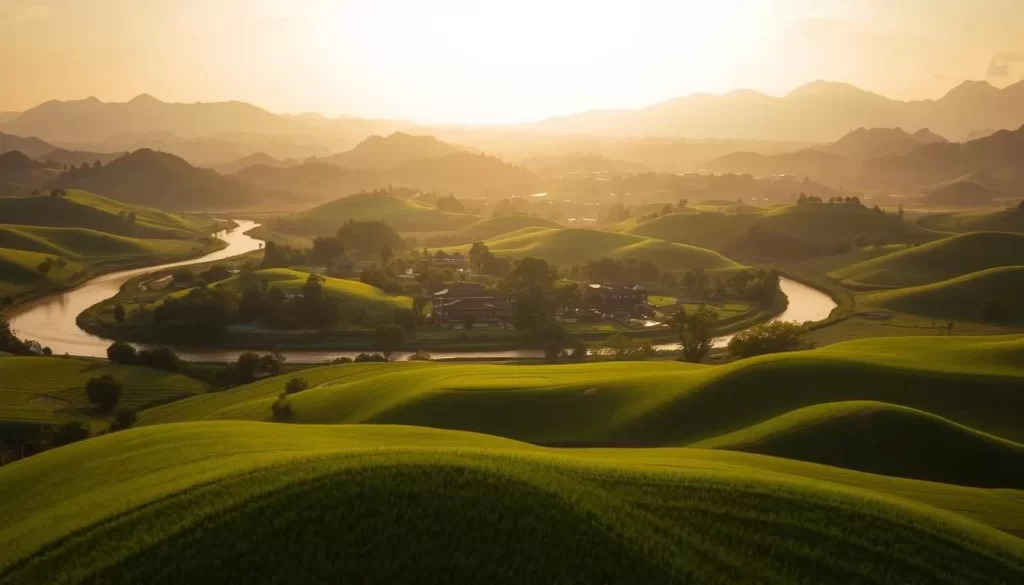 Expansive Myanmar landscapes during the post-monsoon season, with lush rolling hills, winding rivers, and vibrant foliage. Warm golden sunlight filters through the atmosphere, casting a soft, serene glow over the scene. In the foreground, verdant paddy fields stretch out, their gentle undulations dotted with the silhouettes of local farmers. The middle ground features a picturesque village, its traditional wooden buildings nestled amidst shady trees. In the distance, rugged mountains rise up, their peaks capped with wispy clouds. The overall atmosphere is one of tranquility and natural beauty, inviting the viewer to immerse themselves in the serene charm of Myanmar during this idyllic time of year.