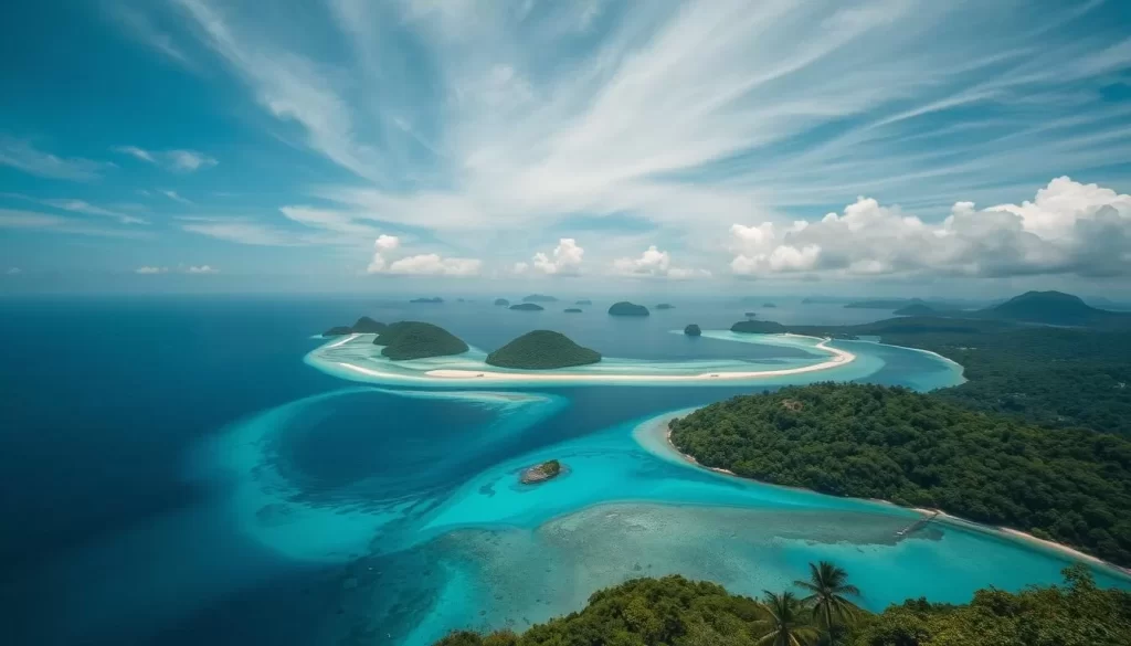 Expansive azure skies blanketing the Andaman archipelago, sun-kissed pristine beaches, and lush verdant landscapes. Capture the month-by-month weather transitions - from the gentle monsoon showers of June to the calm, clear waters of November. Showcase the vibrant colors and diverse ecosystems, with dynamic lighting that illuminates the tropical splendor. Employ a wide-angle lens to convey the grandeur of this island paradise, framing the scene with a cinematic perspective. Evoke a sense of tranquility and adventure, inviting the viewer to experience the ebb and flow of Andaman's captivating meteorological tapestry.