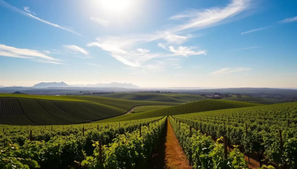 Expansive rolling hills blanketed in lush, verdant vineyards stretch out under a bright, azure sky. Rows of grapevines, heavy with ripe clusters, sway gently in a light breeze. Sunlight filters through wispy clouds, casting a warm, golden glow over the landscape. In the distance, picturesque Cape Dutch-style farmhouses and wineries stand amidst the patchwork of cultivated fields. A sense of tranquility and abundance permeates the scene, capturing the essence of South Africa's renowned Cape Winelands.