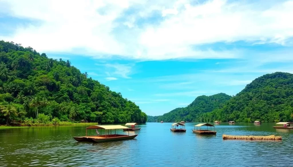 Floating rafts on a serene lake in Udon Thani, Thailand