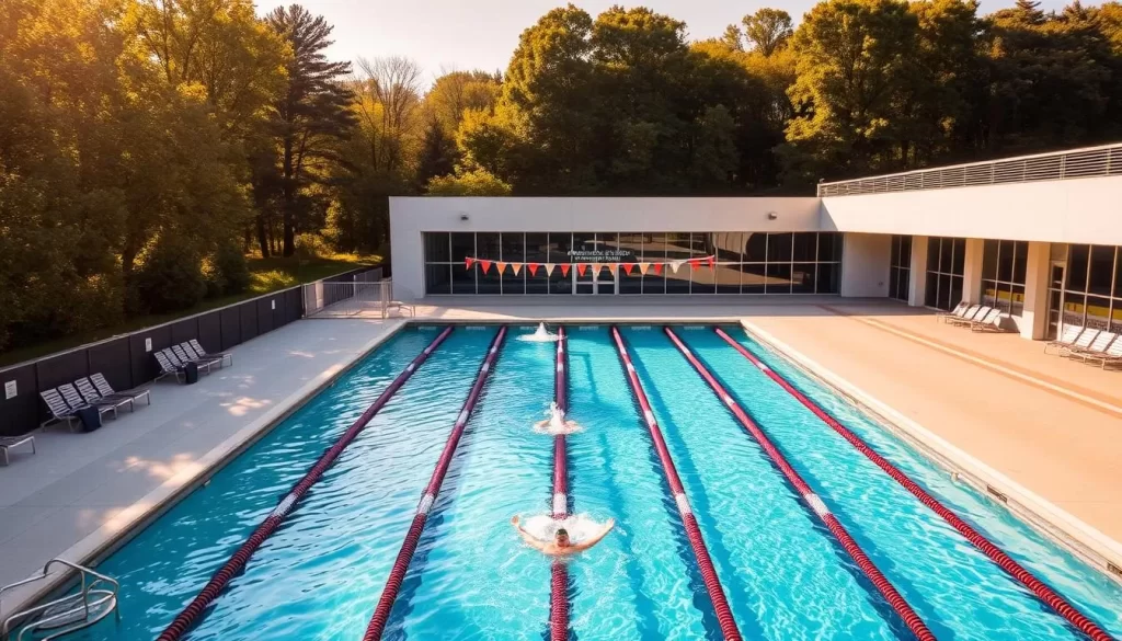 Furman Aquatic Center, a modern Olympic-sized swimming pool nestled in the heart of Ames, Iowa. The crystal-clear water glistens under the warm, golden sun, enticing sports enthusiasts to dive in and enjoy a refreshing swim. The pool's sleek, geometric design features clean lines and a minimalist aesthetic, complementing the lush, verdant surroundings. Swimmers glide effortlessly through the water, their movements captured in a serene, peaceful atmosphere. The pool deck is dotted with comfortable lounge chairs, inviting visitors to relax and soak up the vibrant energy of this premier sports destination.