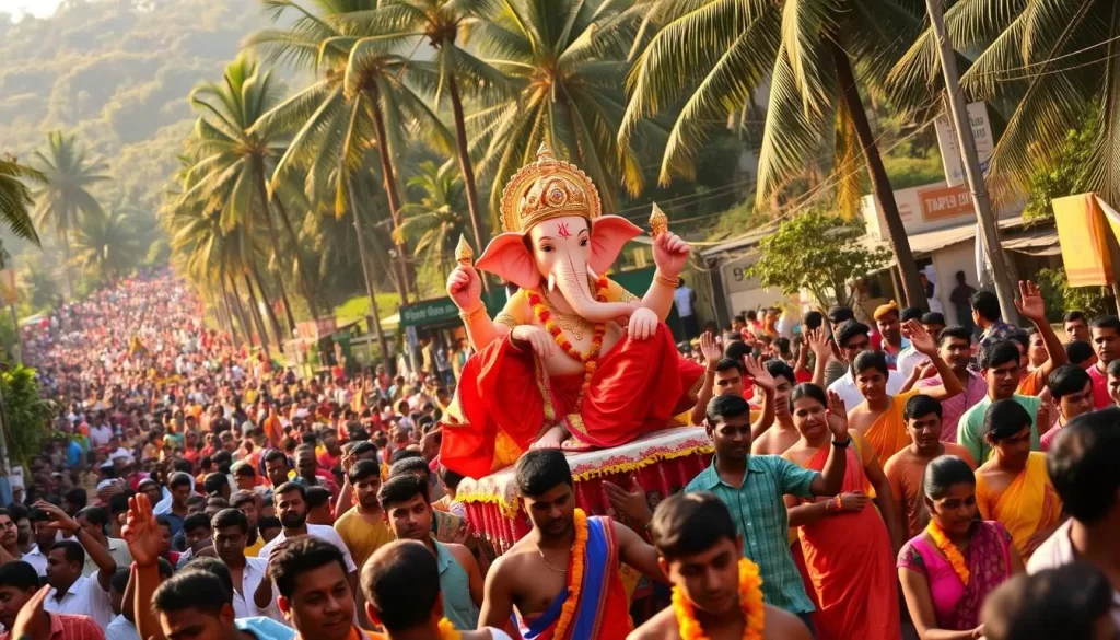 Ganesh Chaturthi celebrations in Goa, India. A vibrant, colorful procession winds through the streets. In the foreground, a large ornate Ganesh statue is carried by devotees, its intricate details illuminated by the warm, golden light of the sun. Devotees dance and chant joyfully, their flowing robes and garlands adding to the festive atmosphere. In the middle ground, crowds of people line the streets, their upturned faces filled with reverence and excitement. The background is a lush, verdant landscape, with palm trees swaying gently in the breeze. The overall scene conveys a sense of deep spiritual connection and community celebration.