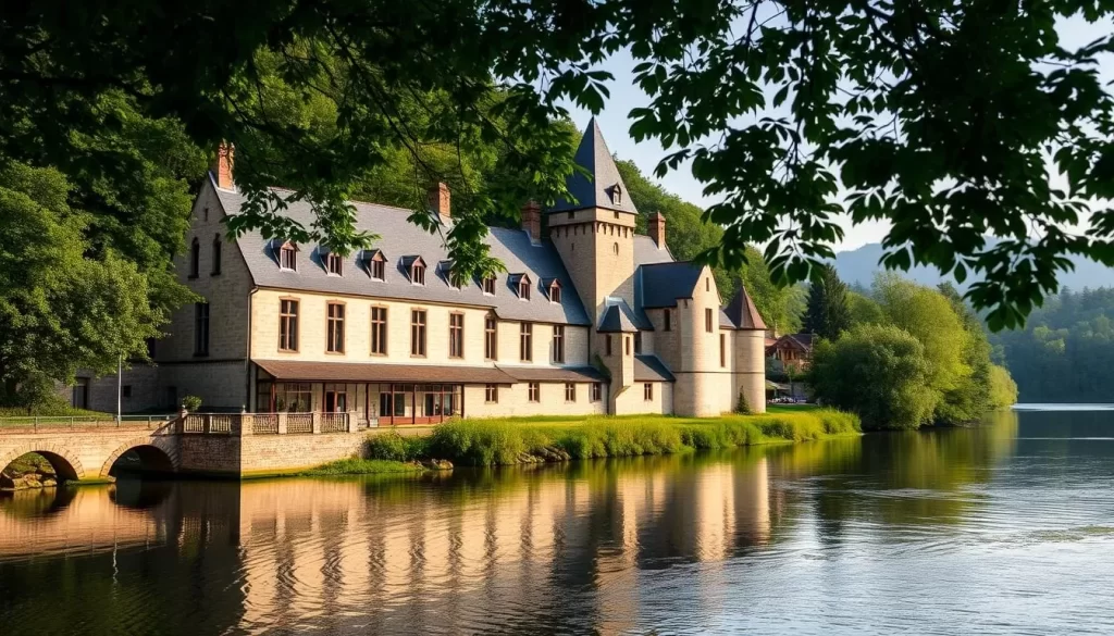Generate an image of Abbaye Clairefontaine, showcasing its serene riverside setting and unique architectural blend.