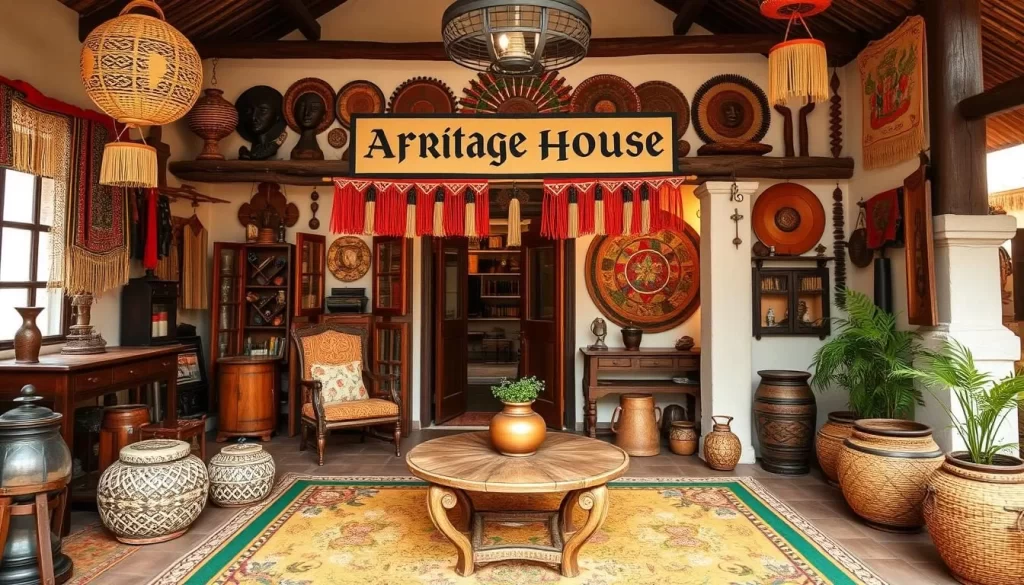 Generate an image of African Heritage House, showcasing its cultural crafts and traditional Kenyan artifacts.