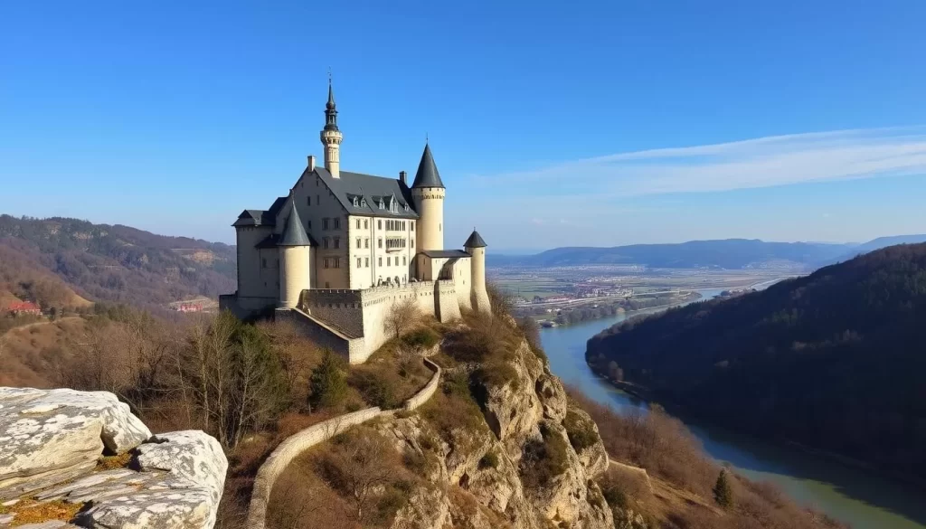 Generate an image of Aggstein Castle standing majestically on its rocky outcrop, overlooking the Danube.