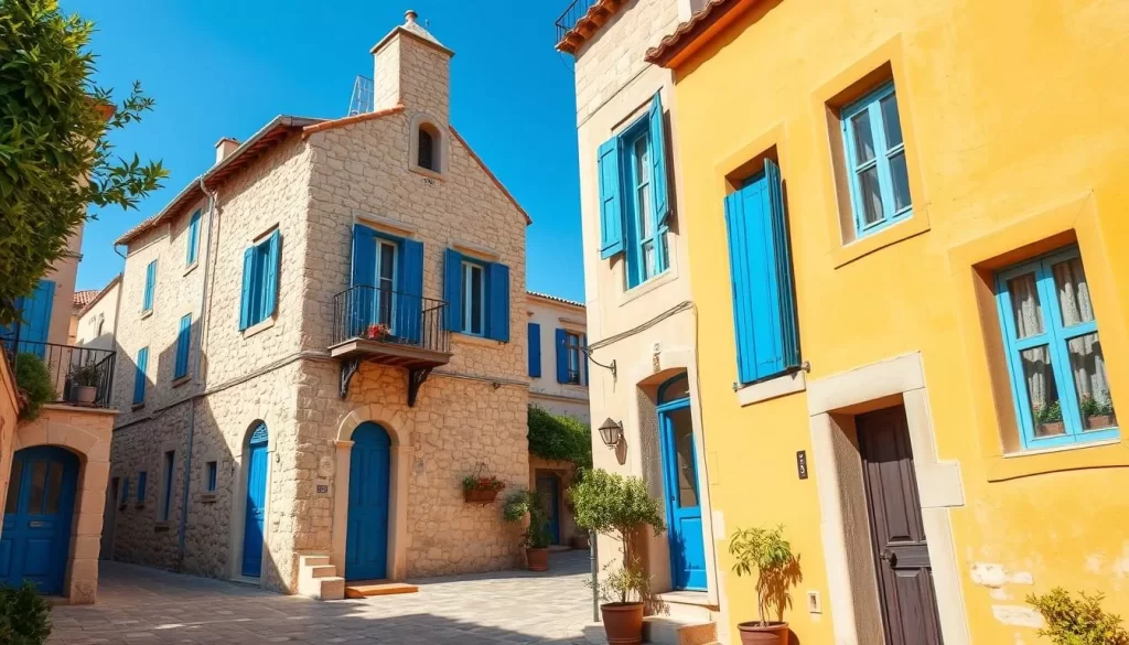 Generate an image of Alacati's picturesque streets with stone houses and blue shutters.