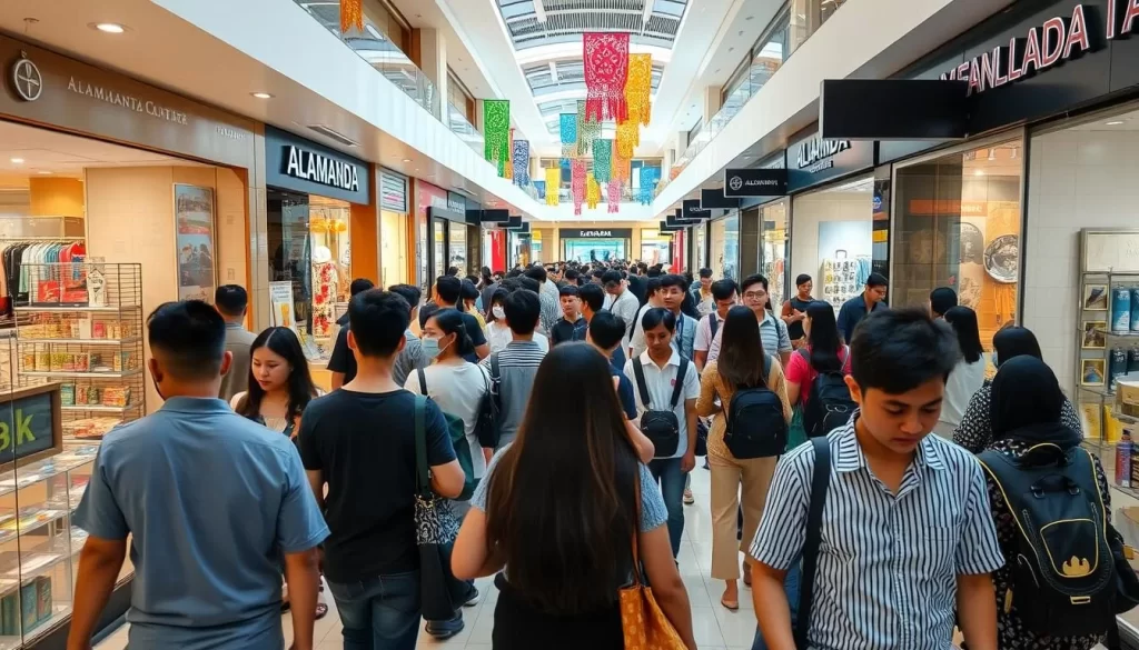 Generate an image of Alamanda Putrajaya Shopping Centre's interior with shoppers browsing through various stores.