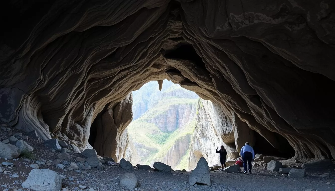 Generate an image of Altınbeşik Mağarası Milli Parkı's stunning cave entrance surrounded by the Taurus Mountains.