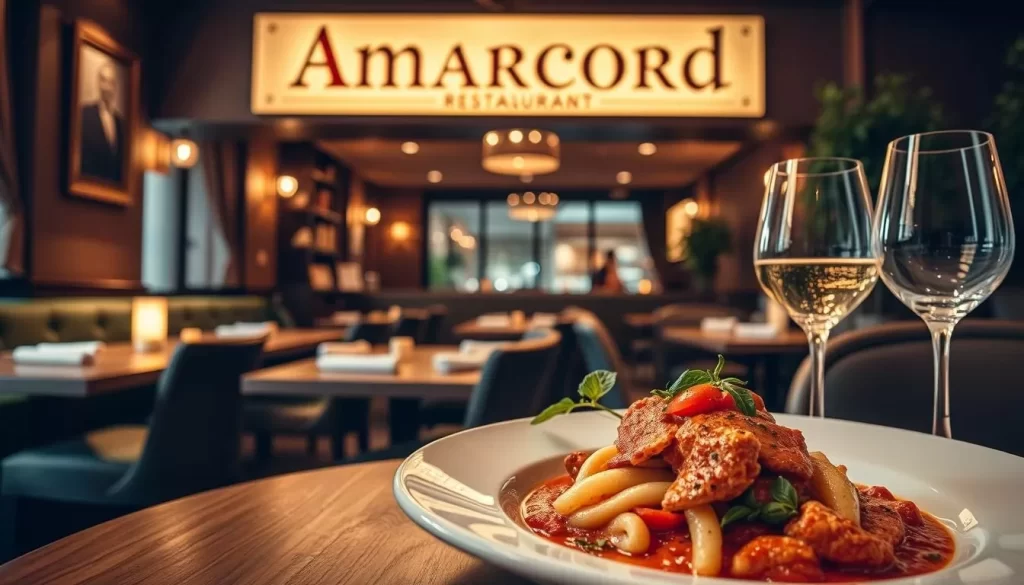 Generate an image of Amarcord restaurant in Dudelange, showcasing its cozy atmosphere and a classic Italian dish.