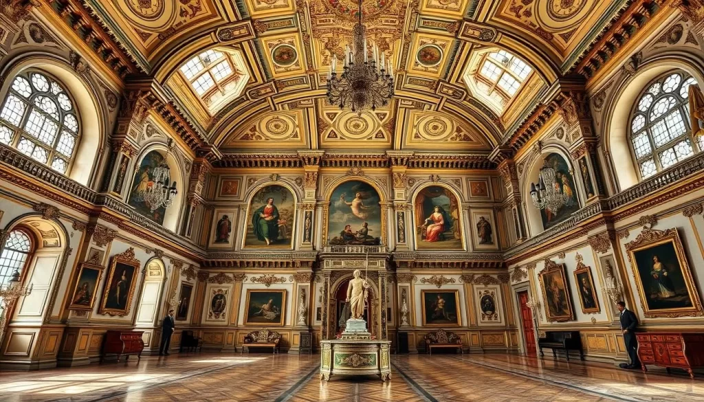 Generate an image of Ambras Castle's grand hall with Renaissance-era decorations.