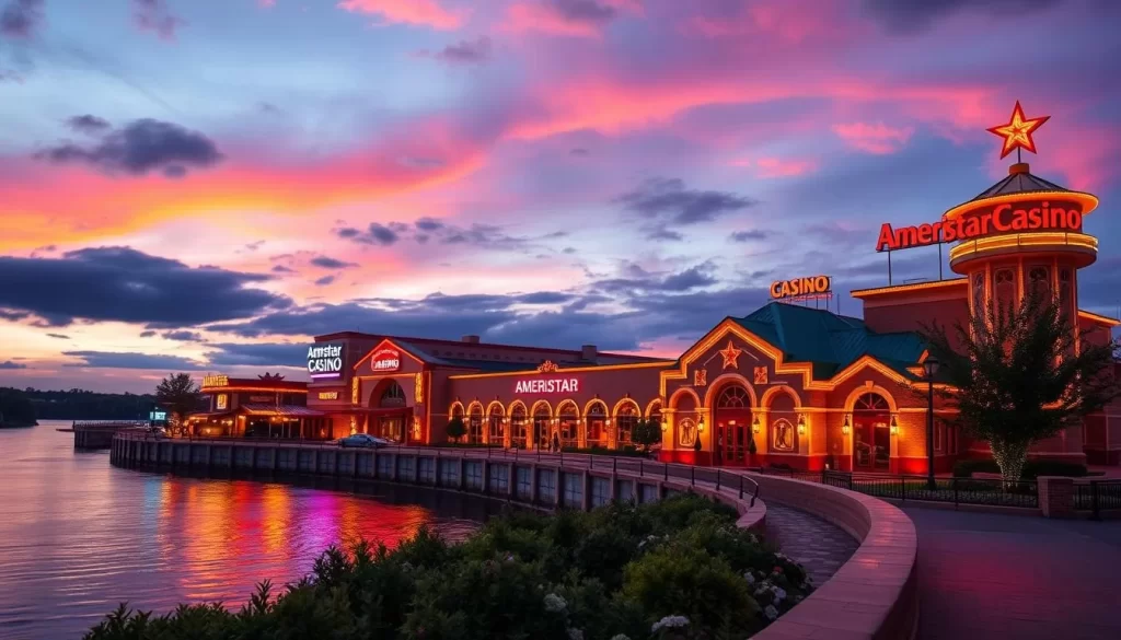 Generate an image of Ameristar Casino in Vicksburg, Mississippi, showcasing its riverfront location and vibrant atmosphere.
