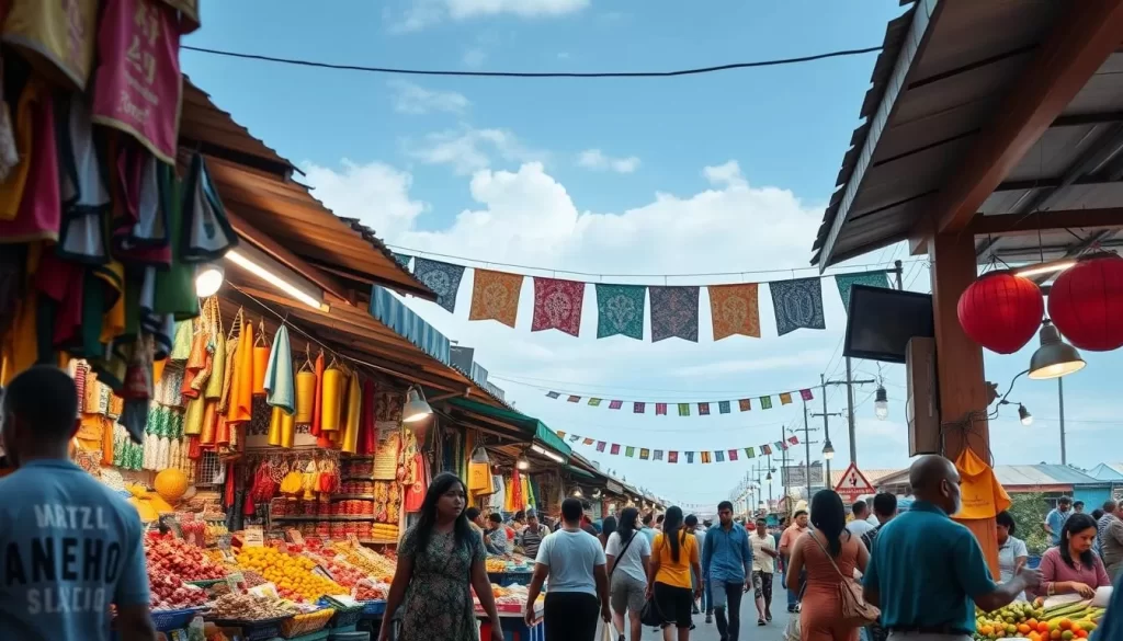 Generate an image of Aneho Market, showcasing its vibrant stalls and local shoppers.