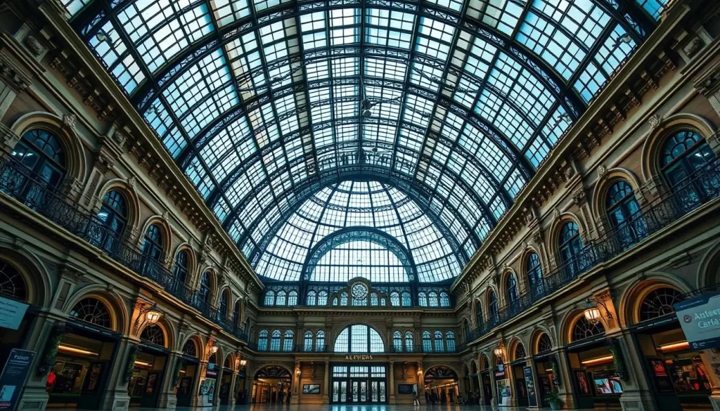 Generate an image of Antwerp Central Station's grand entrance hall with its spectacular glass-domed roof.