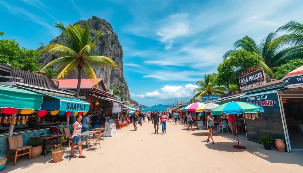Generate an image of Ao Nang Beach with its bustling atmosphere and variety of shops and restaurants.