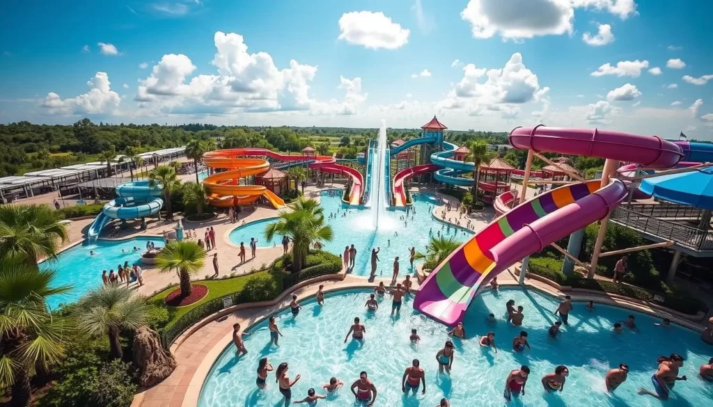 Generate an image of Aqua Dream Water Park, highlighting its thrilling slides and pools.