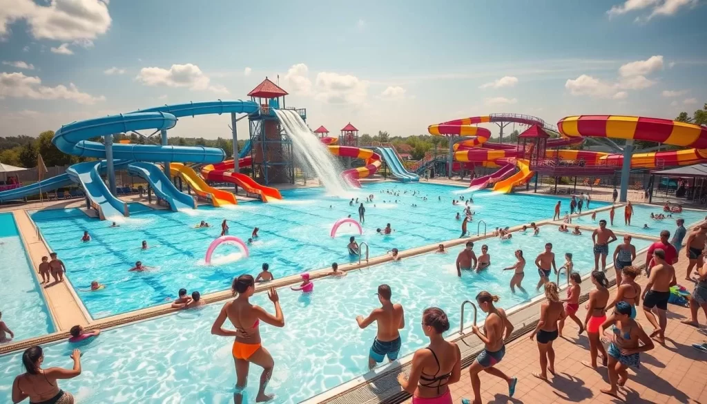 Generate an image of Aquapark Olsztyn, highlighting its water slides and swimming pools.