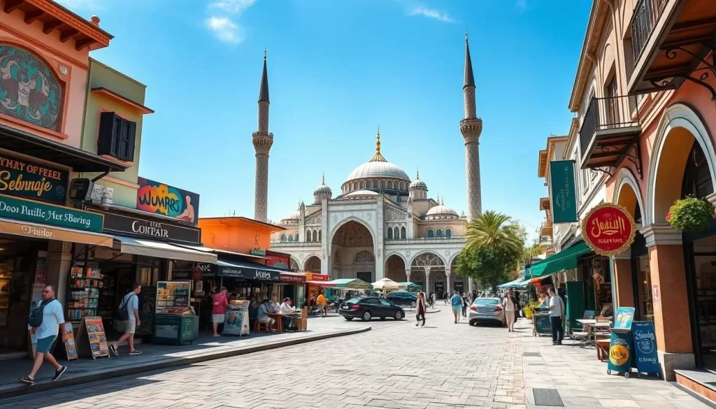 Generate an image of Arab Street with Sultan Mosque in the background