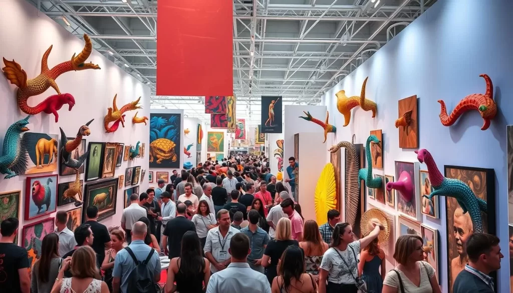 Generate an image of Art Basel in Miami, showcasing a vibrant art exhibition with diverse art pieces and attendees.