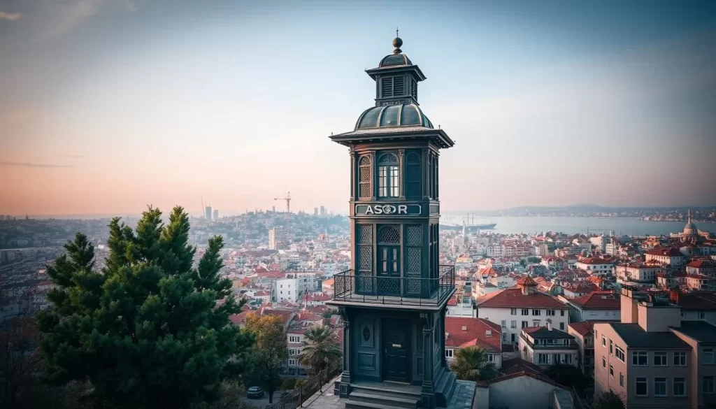 Generate an image of Asansör, Izmir's historic elevator, with the cityscape in the background.