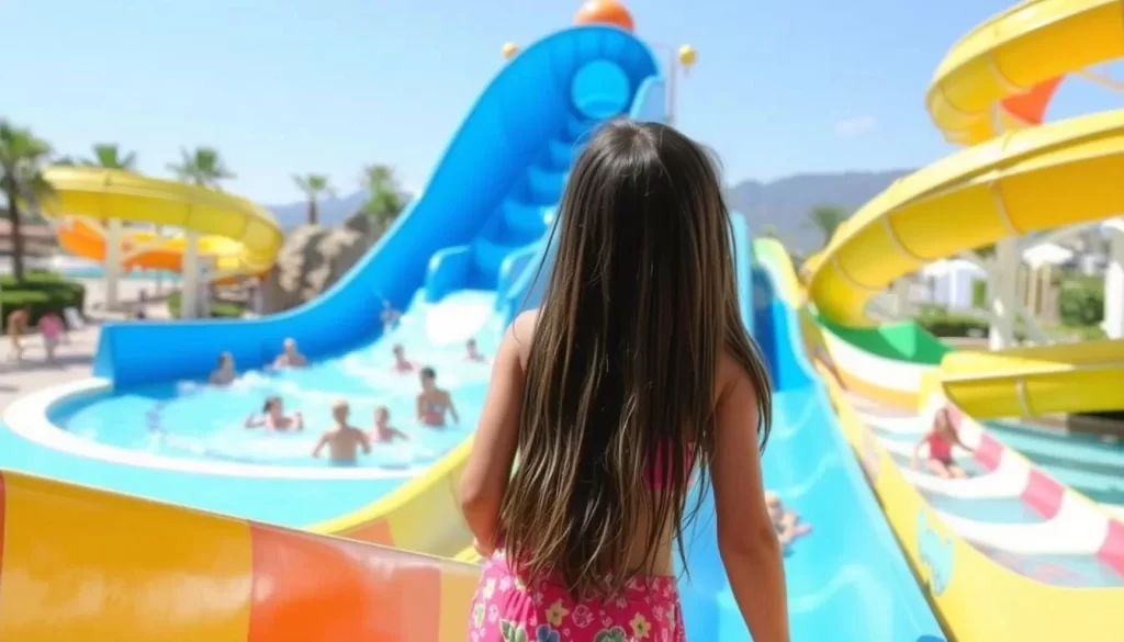Generate an image of Atlantis Water Park in Marmaris, showing its dedicated kids' pools and gentle slides.