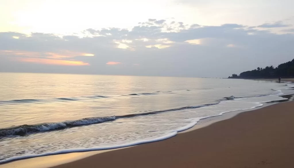 Generate an image of Auroville Beach, capturing its serene atmosphere during sunrise or sunset.