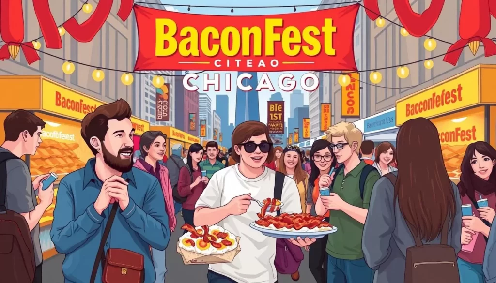 Generate an image of Baconfest Chicago with attendees sampling various bacon dishes and enjoying the festival atmosphere.