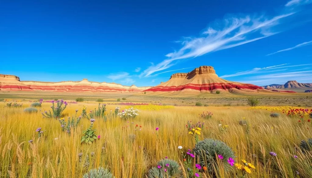 Generate an image of Badlands National Park during the spring season with vibrant prairie grasses and wildflowers.