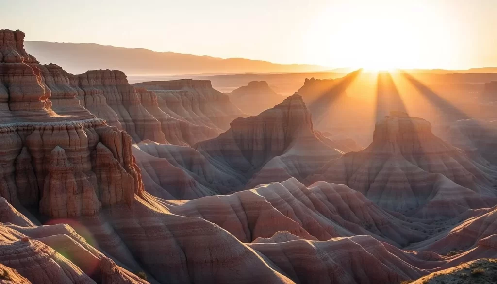 Generate an image of Badlands National Park's unique geological formations at sunrise.