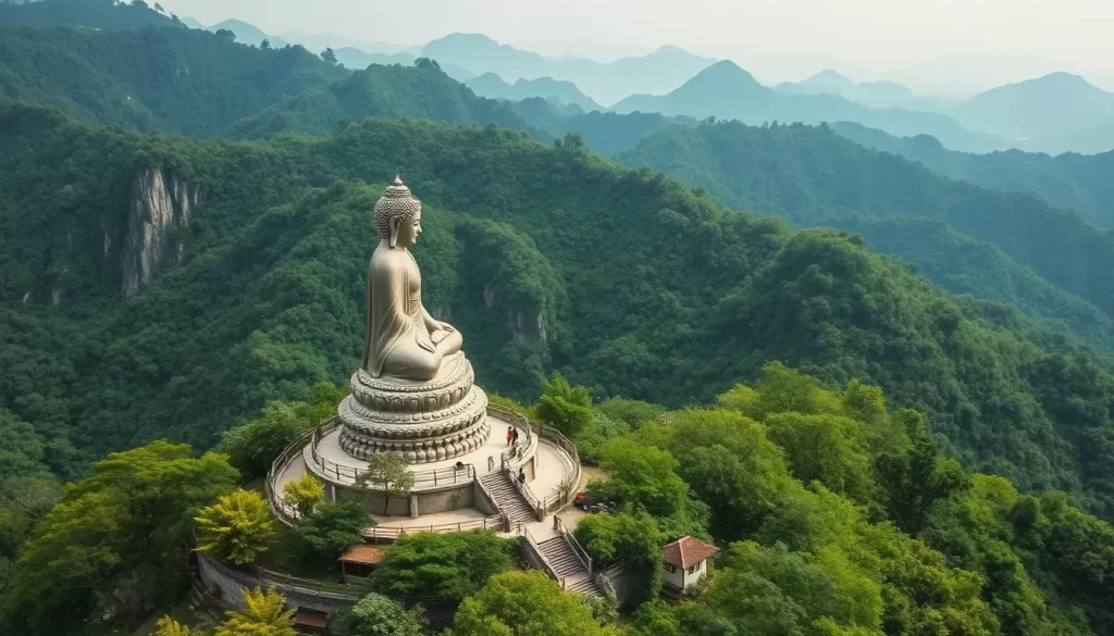 Generate an image of Bagua Mountain's landscape with the Great Buddha statue in the foreground and lush greenery surrounding it.