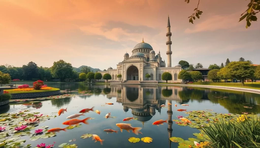 Generate an image of Balikligol, a serene lake with sacred carp swimming in it, surrounded by beautiful gardens and a historic mosque.