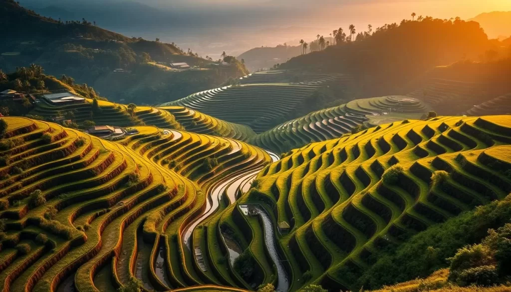Generate an image of Bali's iconic rice terraces at sunrise.