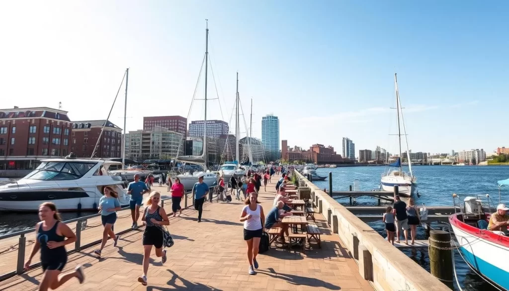 Generate an image of Baltimore's Inner Harbor during a sunny day with people enjoying waterfront activities.