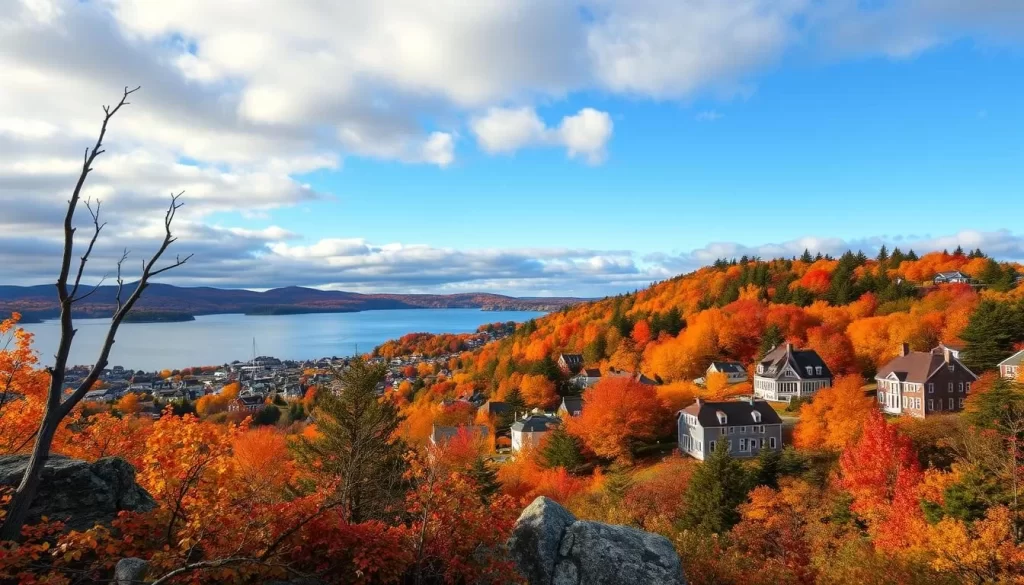 Generate an image of Bar Harbor during fall with vibrant foliage.